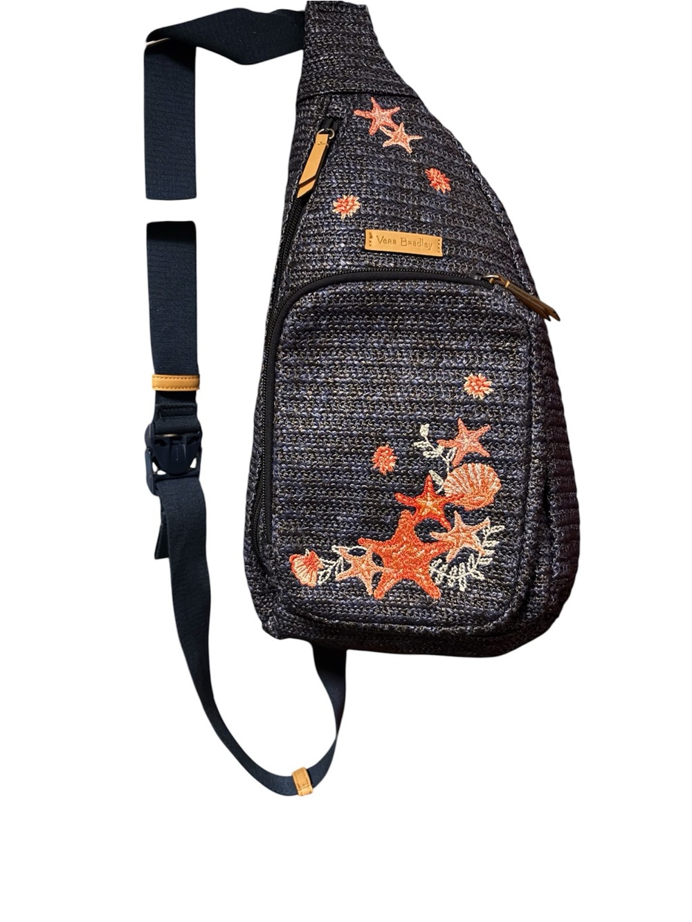 Vera Bradley Blue Straw Woven Crossbody Sling with Coral Embroidery